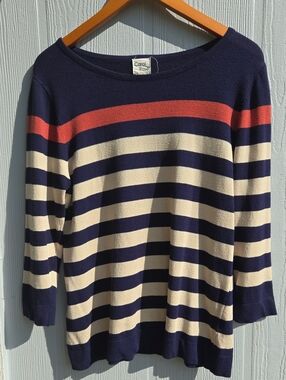 Carol Rose Navy and Cream Striped Sweater with Coral Accent